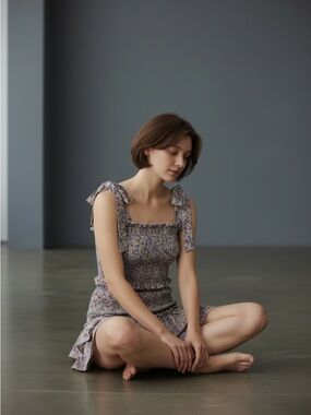 Floral Tie-Shoulder Smocked Mini Dress 2 Piece- Lavender